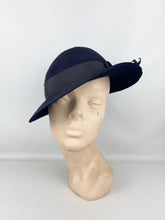 Load image into Gallery viewer, Original 1930's Dark Blue Seamed Felt Fedora with Grosgrain Trim by Fenwick