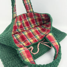 Load image into Gallery viewer, Original 1940's 1950's Green Wool Crochet Bag with Pretty Tartan Lining