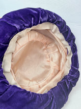Load image into Gallery viewer, Original 1950's Cotton Velvet hat in Rich Purple with Tassel Trim