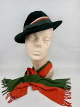 Load image into Gallery viewer, Original 1930's Dark Green Fur Felt Hat with Rust, Green and Ivory Grosgrain Trim - With Matching Scarf