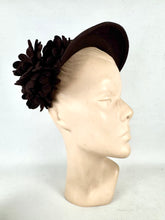 Load image into Gallery viewer, Original 1940's Dark Brown Felt Half Bonnet Hat with Felt Flower Trim by Alden House