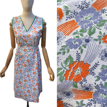 Load image into Gallery viewer, Original 1940's Blue, Orange and Green Floral Print Cotton Apron - Chore Dress - Would Make A Great Summer Dress - Bust 34 36