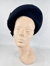 Load image into Gallery viewer, Original 1940's Black Felt Hat with High Brim, Net and Large Grosgrain Bow Trim