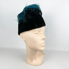 Load image into Gallery viewer, Fabulous Original 1930's Dark Brown Velvet Hat with Ostrich Feather Plume Trim in Blue and Black *