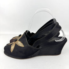 Load image into Gallery viewer, Wounded but Wearable Original 1940's Black Satin Evening Wedge Shoes with Gold Floral Applique Trim - Size 5 5.5
