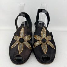 Load image into Gallery viewer, Wounded but Wearable Original 1940's Black Satin Evening Wedge Shoes with Gold Floral Applique Trim - Size 5 5.5