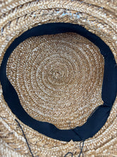 Load image into Gallery viewer, Wounded but Wearable Original 1940's 1950's Natural Straw Sunhat with Soft Black Velvet Ribbon Trim