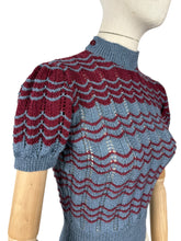 Load image into Gallery viewer, Reproduction 1940's Lace Striped Jumper in China Blue and Burgundy Red Wool - Bust 32 34 *