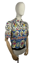 Load image into Gallery viewer, Reproduction 1940's Cotton Boarder Print Blouse in Bold Floral in Black, Green, Blue, Pink, Black and Yellow - Bust 34