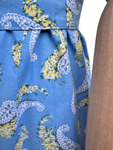 Load image into Gallery viewer, Original Late 1940's or Early 1950's Blue Cotton Belted Day Dress with Yellow and White Paisley Print - Bust 40