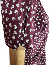 Load image into Gallery viewer, Original 1940's Pure Silk Novelty Print Swan Blouse in Burgundy and White with Bow Tie at Neck - Bust 34