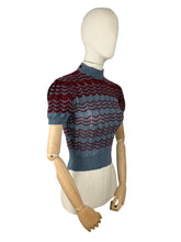 Load image into Gallery viewer, Reproduction 1940's Lace Striped Jumper in China Blue and Burgundy Red Wool - Bust 32 34 *