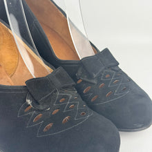 Load image into Gallery viewer, Original 1940's Black Suede Devonshire Court Shoes with Cutout Front and Bow Trim - Size 4.5