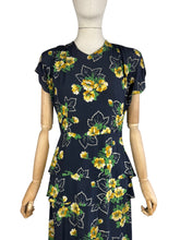 Load image into Gallery viewer, Original 1940's Navy Day Dress with Double Peplum and Floral Print in Green and Yellow - Bust 34 35