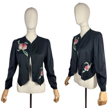 Load image into Gallery viewer, Original 1930’s Inky Black Silk Evening Jacket with Pink and Green Floral Embroidery - Bust 34 35