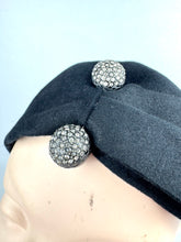 Load image into Gallery viewer, 1930’s Inky Black Felt Close Fitting Felt Hat with Art Deco Clear Paste Trim in a Good Size