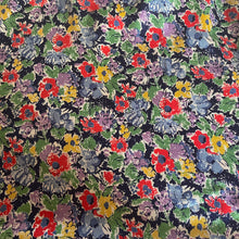 Load image into Gallery viewer, Original 1930's Crepe Floral Dressmaking Fabric in Navy Blue with Red, Yellow, Green , White and Purple Flowers - 34" x 128"
