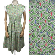 Load image into Gallery viewer, Original Late 1940's or Early 1950's Green Cotton Belted Day Dress with Leaf Print in Black, White, Red and Blue - Bust 34 *