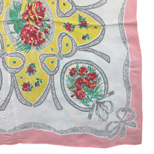 Load image into Gallery viewer, Charming Original 1940's or 1950's Silk Crepe Scarf in Pink, White, Red, Yellow and Green with Flowers and Bow Print - Great Headscarf