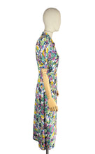 Load image into Gallery viewer, Original 1940's Bold Floral Crepe Day Dress in Pink, Green, Black and Yellow with Mother of Pearl Buttons - Bust 34