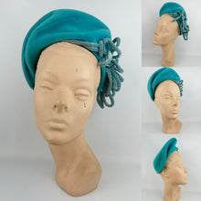 Load image into Gallery viewer, Original 1950's Bright Turquoise Blue Felt High Hat with Velvet Trim *