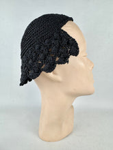 Load image into Gallery viewer, Original Late 1940's American Inky Black Crochet Cotton Skull Cap Hat