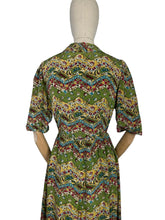 Load image into Gallery viewer, Original 1930's 1940's Green Crepe Day Dress with Floral Chevron Print in Red, Blue and Mustard