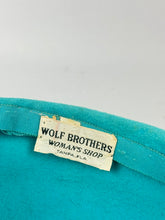Load image into Gallery viewer, Original 1950's Bright Turquoise Blue Felt High Hat with Velvet Trim *