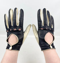 Load image into Gallery viewer, Original 1960's Midnight Blue and Cream Kid Leather Driving Gloves with Popper Fastening *
