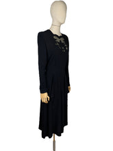 Load image into Gallery viewer, Original 1940’s Post WW2 Inky Black Crepe Cocktail Dress with Beaded Cutout Net Neckline and 11011 Label - Bust 38