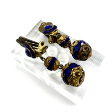 Load image into Gallery viewer, Original 1930's 1940's Blue Glass Clip on Dangle Earrings on Gold Tone Metal