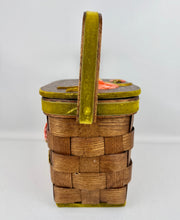 Load image into Gallery viewer, Beautiful Vintage Betsy B Wooden Basket Box Bag with Green Velvet Trim and Pink Flower Applique