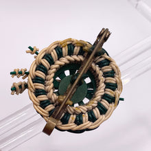 Load image into Gallery viewer, Original 1940's Dark Green and White Wartime Make Do and Mend Wire Brooch with Flower Spray and Button Trim *