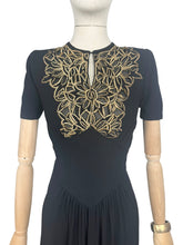 Load image into Gallery viewer, Original 1940’s Black Crepe Evening Dress with Lattice Work Front - Bust 32 34