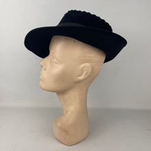 Load image into Gallery viewer, Original 1930's 1940's Inky Black Felt Fedora with Lace Work and Grosgrain Trim