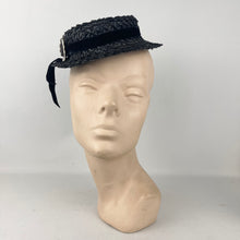 Load image into Gallery viewer, Original 1940’s Black Straw Tilt Topper Hat with Pretty Floral Trim
