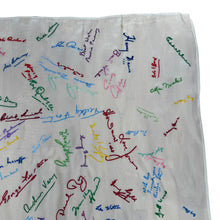 Load image into Gallery viewer, Original 1940's 1948 Dated White Artificial Silk Scarf with Vibrant Embroidered Signatures