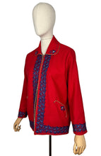 Load image into Gallery viewer, Original 1950's Red Felt Jacket Embroidered with Leaves in Blue and White - Bust 34 36