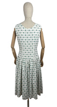 Load image into Gallery viewer, Original 1950’s White Cotton Sleeveless Day Dress with Blue Rosebud Print - Bust 36 37 *