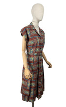 Load image into Gallery viewer, Original 1950's Brown, Blue and Green Belted Cotton Day Dress - Bust 36