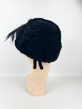 Load image into Gallery viewer, Original 1930's Soft Black Cotton Velvet Hat with Black Feather Trim*