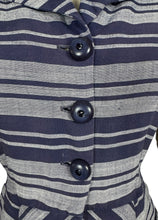 Load image into Gallery viewer, Original 1940's Navy Blue and Grey Linen Stripe Day Dress - Bust 36