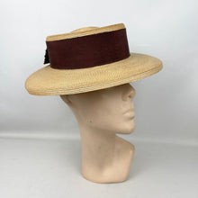 Load image into Gallery viewer, Original 1940’s Natural Straw Hat with Wide Brown Grosgrain Trim and Bow - Perfect Summer Hat