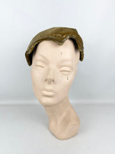 Load image into Gallery viewer, Original 1950's Padded Clam Shell Hat in Old Gold Velvet and with Sequin Trim *