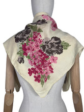 Load image into Gallery viewer, Original 1940's 1950’s Jacqmar Pure Silk Scarf with Pretty Floral Print in Pink, Green and Brown on a Yellow Base