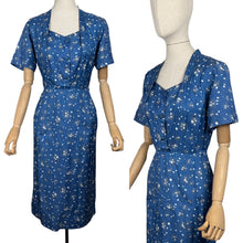 Load image into Gallery viewer, Original 1950's Blue Silk Wiggle Dress with Floral Print in White and Black - Bust 36 *