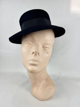 Load image into Gallery viewer, Original 1940's Inky Black Felt Topper hat by Harrods with Grosgrain Bow Trim *