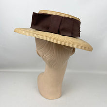 Load image into Gallery viewer, Original 1940’s Natural Straw Hat with Wide Brown Grosgrain Trim and Bow - Perfect Summer Hat