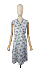 Load image into Gallery viewer, Original 1940's Floral Wraparound Apron in White, Purple, Blue and Green - Pretty Pinny - Bust 32 34 36