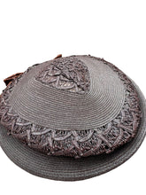 Load image into Gallery viewer, Original 1940's Dark Brown Lacquered Straw Hat with Wide Velvet Bow Trim